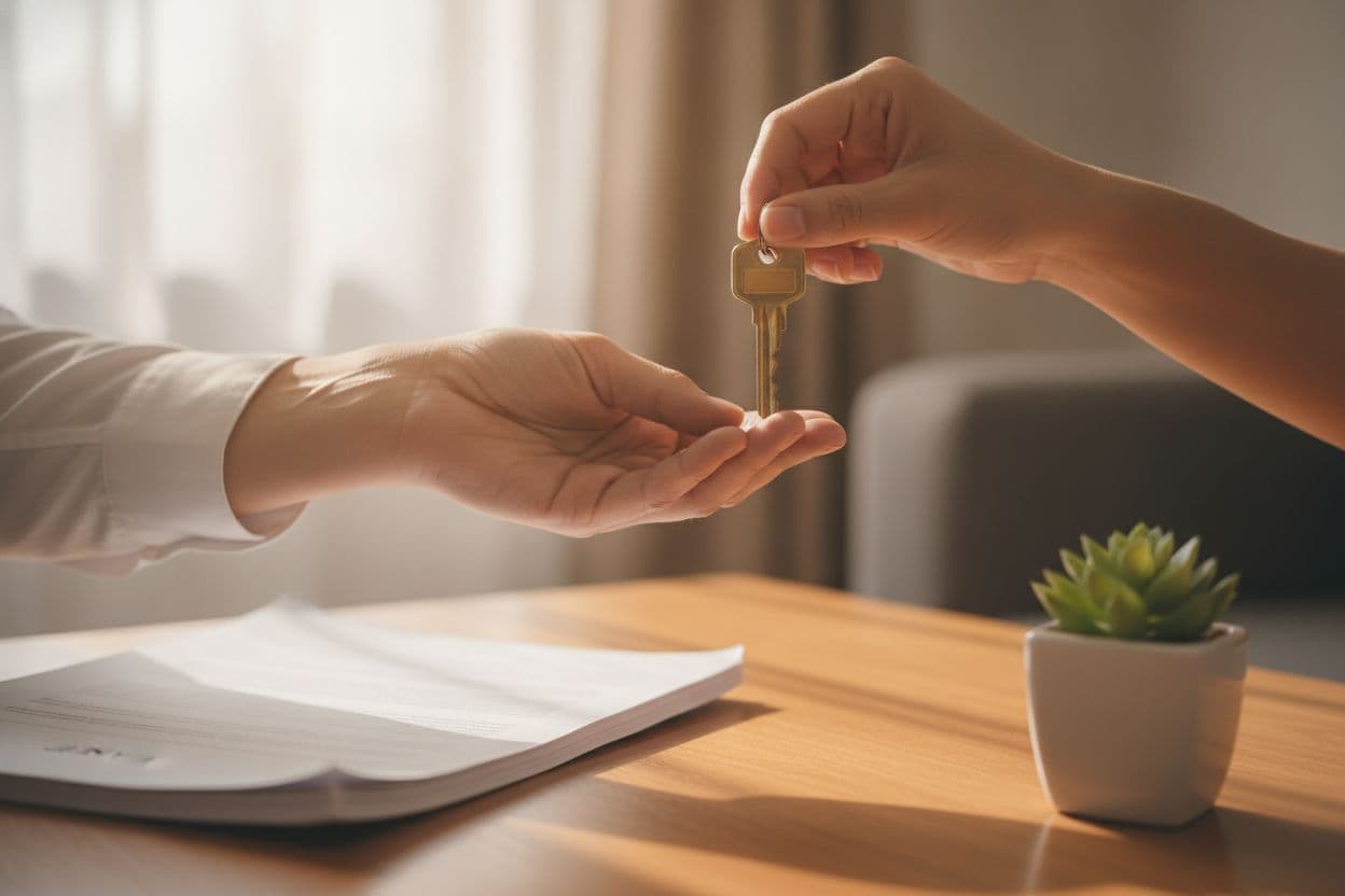 Handing over house keys beside a signed lease agreement on a table
