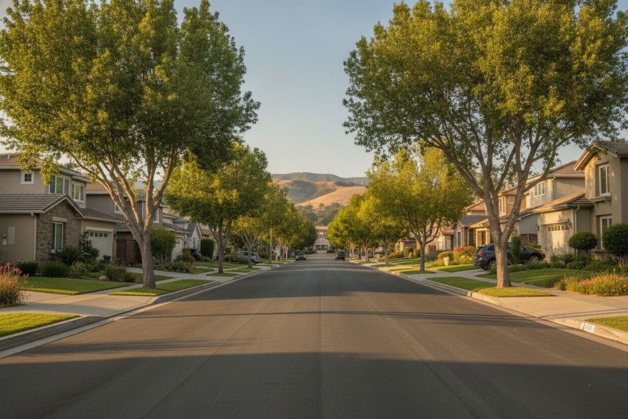 Tree-lined Southern California residential street with foothills in the distance