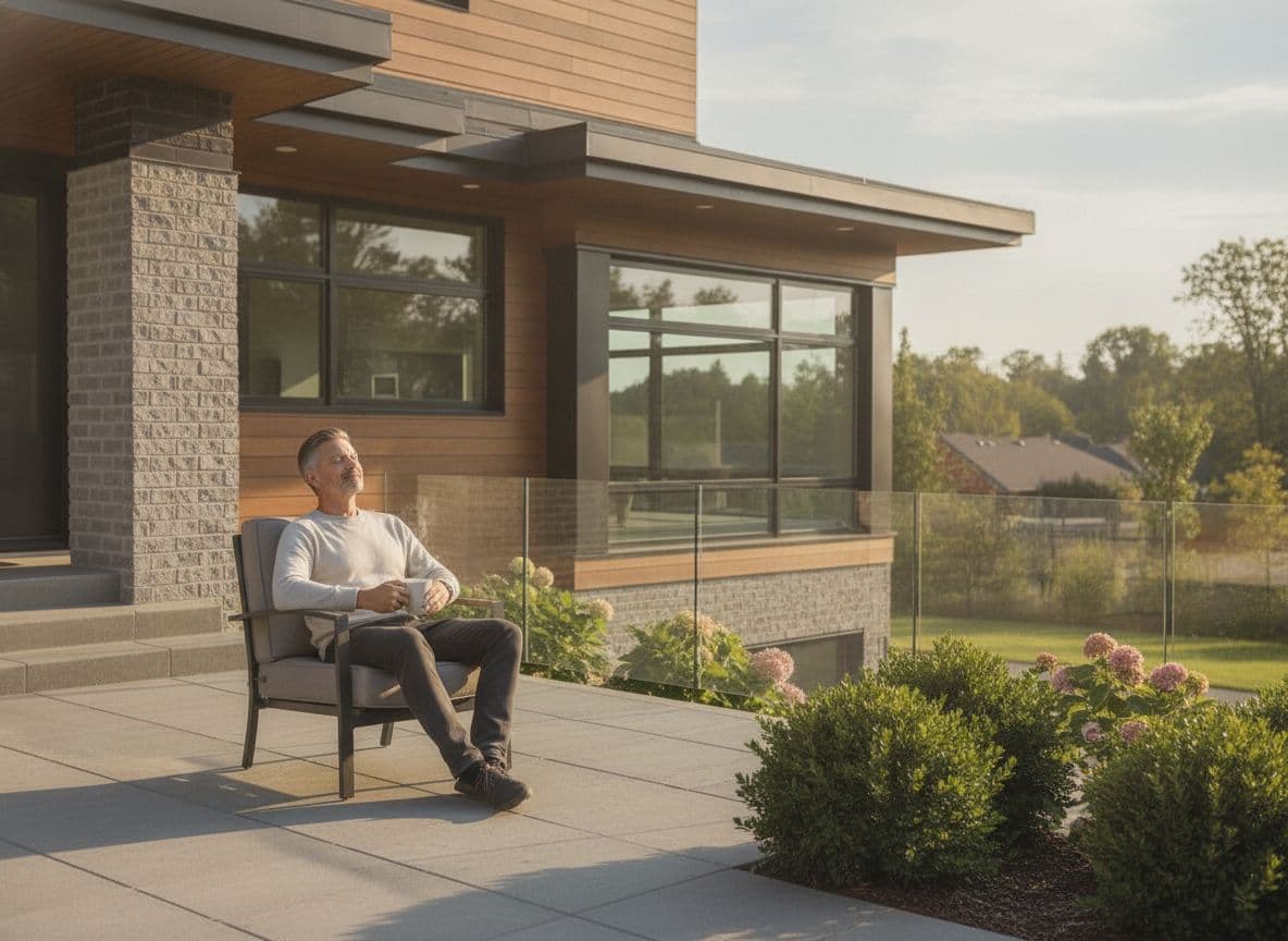 Relaxed property owner enjoying a quiet morning on the patio of a well-kept home