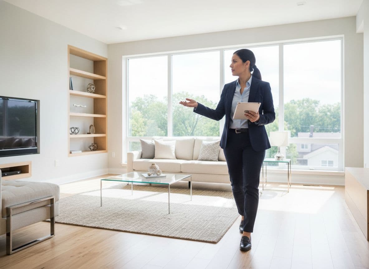 Property manager walking through a clean, well-maintained rental home interior